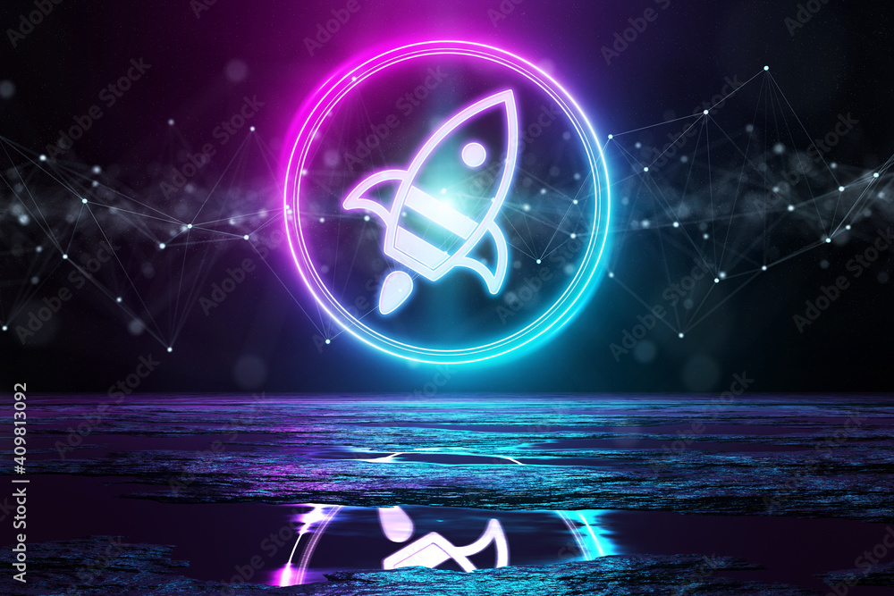 Poster digital rocket holographic icon illuminating the floor with blue and pink neon light 3d rendering