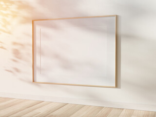 Wooden frame hanging in bright interior mockup. Template of a picture framed on a wall 3D rendering