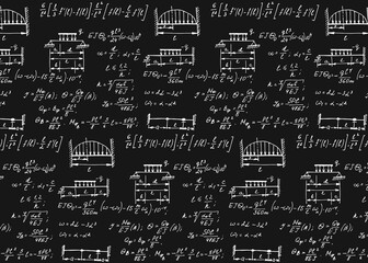 Physics seamless pattern with the equations, figures, schemes, formulas and other calculations on chalkboard. Retro scientific and educational handwritten vector Illustration.
