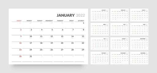 Monthly calendar template for 2022 year. Week Starts on Sunday. Wall calendar in a minimalist style.