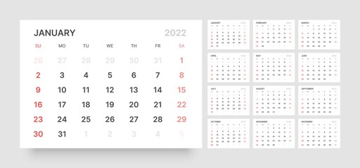Monthly calendar template for 2022 year. Week Starts on Sunday. Wall calendar in a minimalist style.