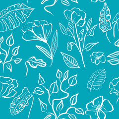 Seamless pattern of white hand draw tropical leaves and  flowers