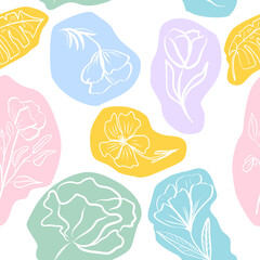 Seamless pattern of hand draw tropical leaves and  flowers