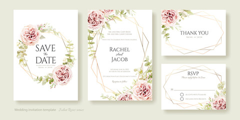 Fototapeta na wymiar Wedding Invitation, save the date, thank you, rsvp card Design template. Vector. Juliet rose and eucalyptus leaves.