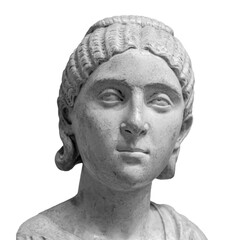 Ancient white marble sculpture head of young woman. Statue of sensual renaissance art era naked woman antique style