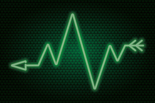 Arrow. Zigzag indicator. Neon glow. Vector illustration. The green symbol indicates the direction. Colored vector illustration. Isolated background of green hearts. Rhythmic pulse trace. Broken line. 