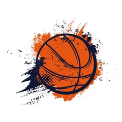 Basketball ball, sport basket and hoop streetball, vector banner or emblem. Basketball championship or sport club league and varsity team players sign of ball on halftone background © Vector Tradition