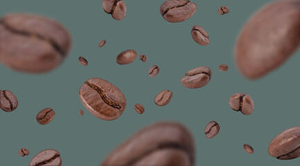 Flying whirl brown roasted coffee beans in the air studio shot on green background, Healthy products by organic natural ingredients concept