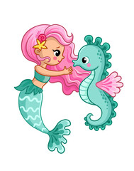 Mermaid and seahorse on a white background. Vector illustration