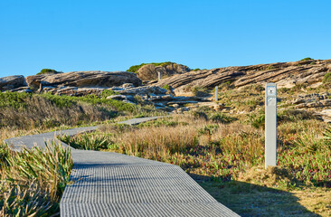 Royal National Park, Australia: Coastal Track and guideposts at Marley Head.        