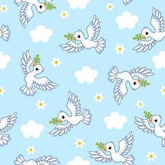 Vector seamless illustration with white doves on a white background in cartoon style.