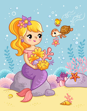 Cute beautiful mermaid sits on a stone under water and plays with a turtle among shells and seaweed.