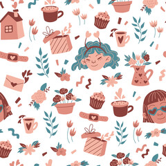 Hand drawn lettering illustration for Valentines day. Love pattern with doodle elements.