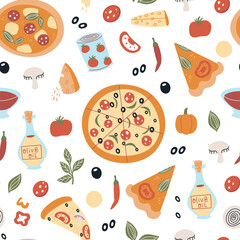Seamless pattern with hand drawn vector a pizza on white background. Pizza doodles food background
