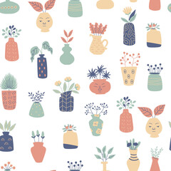 Seamless pattern with  different vases on white background. 