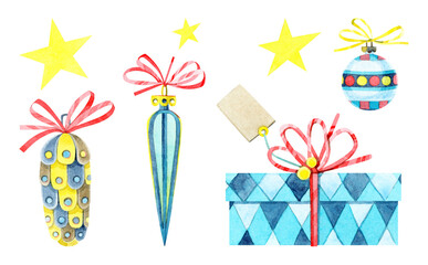Watercolor festive set of traditional and Christmas elements. Gift box, glass ball, stars, icicle. A set of Christmas tree toys. Illustrations isolated on a white background. For prints, postcards.