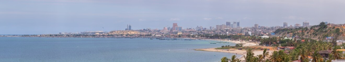 Fototapeta na wymiar Panoramic aerial view of downtown Luanda, marine coast and beach, marginal and central buildings, in Angola