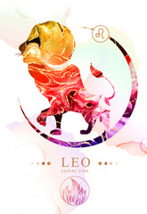Modern magic witchcraft card with astrology Leo zodiac sign  with alcohol ink texture. Zodiac characteristic. Marble texture background