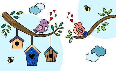 Cute birds sit on branches with ambulances and sing. Hilarious cute illustration. Spring illustration.