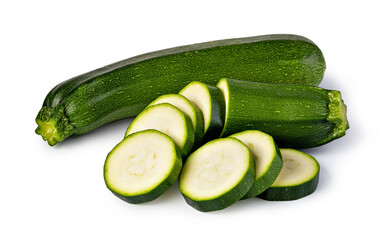 fresh green zucchini slices on white background