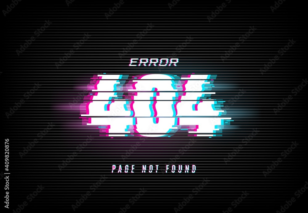 Aufkleber 404 error, page not found in glitch effect style with vector distorted horizontal glitched lines and neon glowing typography on dark background. Website under maintenance, lost internet connection