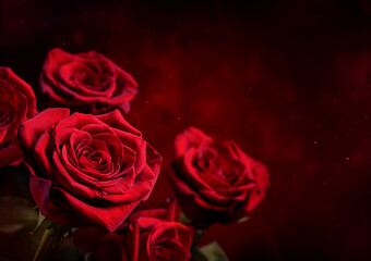 Obraz na płótnie Canvas Dark red roses background. Luminous hearth shaped bokeh in the background. Valentine day or wedding concept. Symbol of the love. Copy space or empty space for text and design