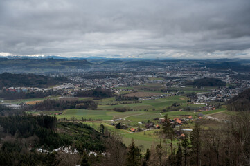 Obraz premium view from Bantiger over Bern on a cloudy winter day