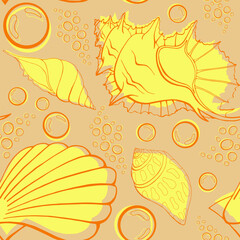 Modern flat outline sea shells & bubbles seamless pattern for fabric, textile, apparel, interior, stationery, wrapping paper, scrapbooking. Trendy marine endless texture. Exotic ocean shells contours.