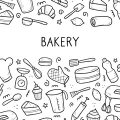 Hand drawn set of baking and cooking tools, mixer, cake, spoon, cupcake, scale. Doodle sketch style. Illustration for frame, poster, banner, menu, recipe book, baking shop, bakery site design.