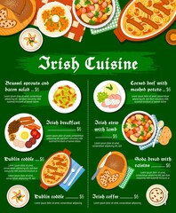 Irish food cuisine menu, breakfast dishes meals, Ireland restaurant vector traditional lunch. Irish cuisine food menu peach pudding dessert, lamb stew and potato pancakes borty with soda bread