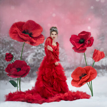 Sensual Girl In A Red Ball Gown Among Growth Poppies