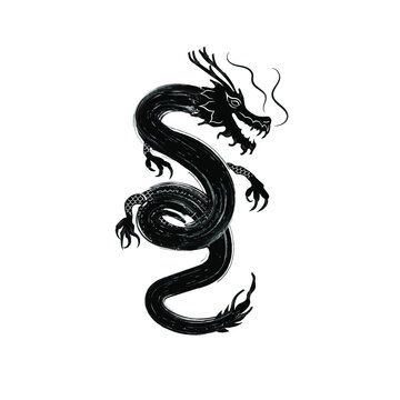 Vector Ink Painting Dragon Isolated on White Background, Oriental Decorative Element, Eastern Dragon Sketch.
