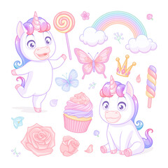 Cute baby unicorns with sweets, flowers and butterflies. Vector illustrations set on white background.