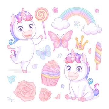 Cute baby unicorns with sweets, flowers and butterflies. Vector illustrations set on white background.