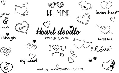 Heart doodle vector collection with love text message and shape.