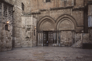 View on main entrance in at the Church of the Holy Sepulchre in Old City of Jerusalem