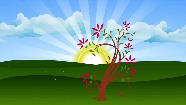 Beautiful Garden Landscape With Growing Vines And Flourishes Swirls Of The Plants And flying Butterflies In The Windy Sunny Morning Animation, Last 20 Seconds Loopable