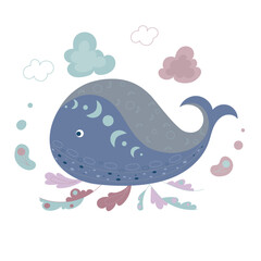 Cartoon blue whale and flowers background. Undersea world. Vector illustration.