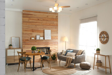 Stylish living room interior with modern ceiling fan - obrazy, fototapety, plakaty