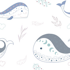 Seamless pattern whale. Cartoon blue whale and flowers. Undersea world. Vector illustration.