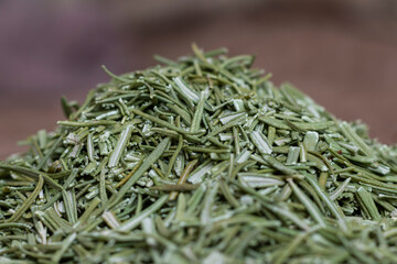 Dried rosemary leaves (Rosmarinus officinalis). A seasoning for cooking and a medicinal plant used in medicine.