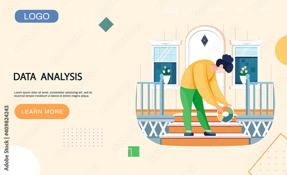 Poster data analysis landing page template woman holding pie chart statistic indicator standing on steps ne