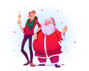 Santa Claus and young man with champagne celebrate Christmas and New Year. Vector cartoon illustration for xmas greeting card with fat man in red costume and white beard and guy with green tinsel