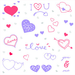 Heart shape and love lettering doodle vector in pastel pink and purple colour