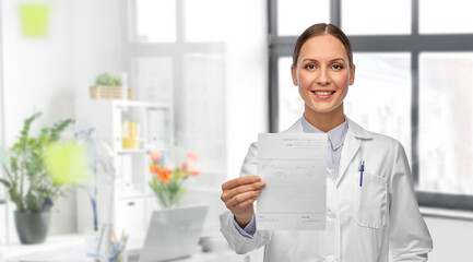 medicine, profession and healthcare concept - happy smiling female doctor in white coat holding prescription blank over medical office at hospital on background