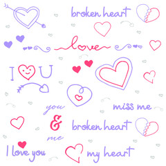 Heart shape and love lettering doodle vector in pastel pink and purple colour