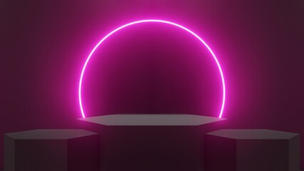 Abstract Black Room Concept And display stands Three hexagons And a loop of neon glowing pink light - 3D rendering