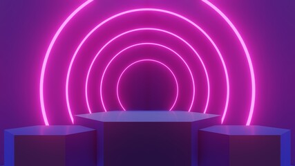 Abstract Blue Room Design Concept And display stands Three hexagons And the neon pink loop glow - 3D rendering