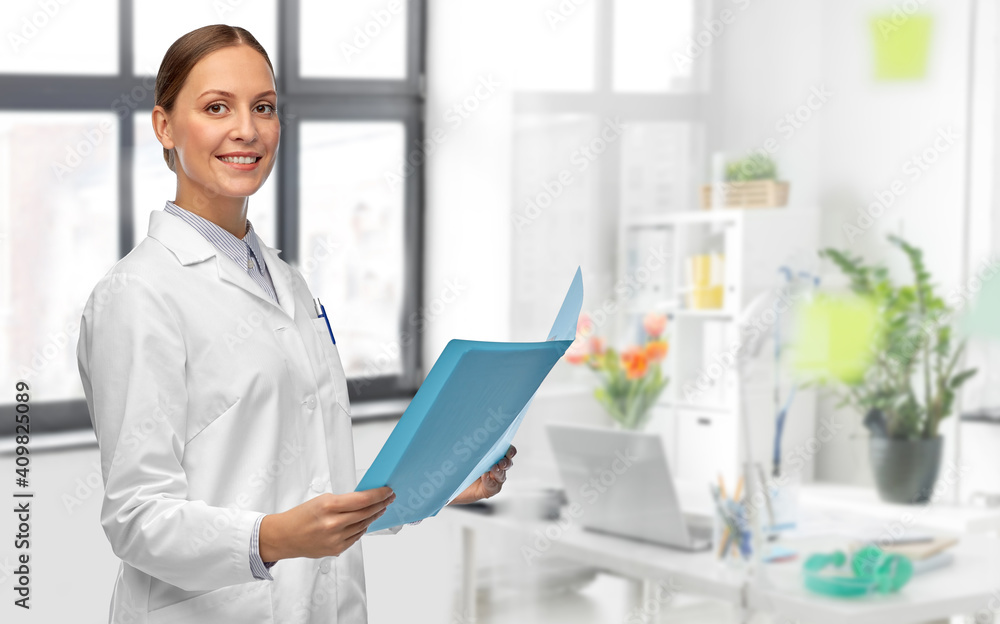 Sticker medicine, science and healthcare concept - happy smiling female doctor in white coat with folder over medical office at hospital on background