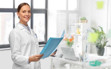 medicine, science and healthcare concept - happy smiling female doctor in white coat with folder over medical office at hospital on background